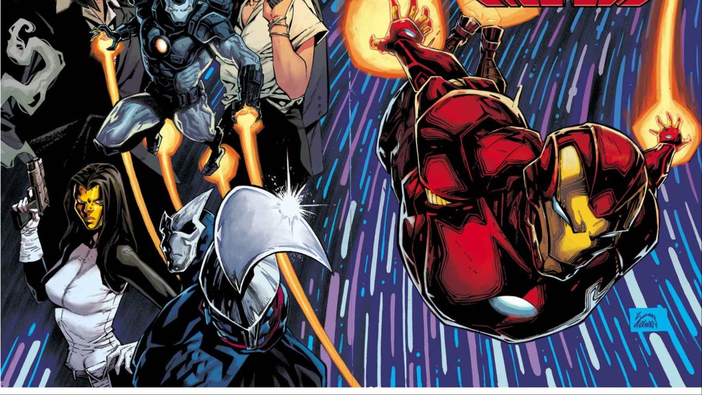 Iron Man flying by Madame Masque, Citizen V, and War Machine