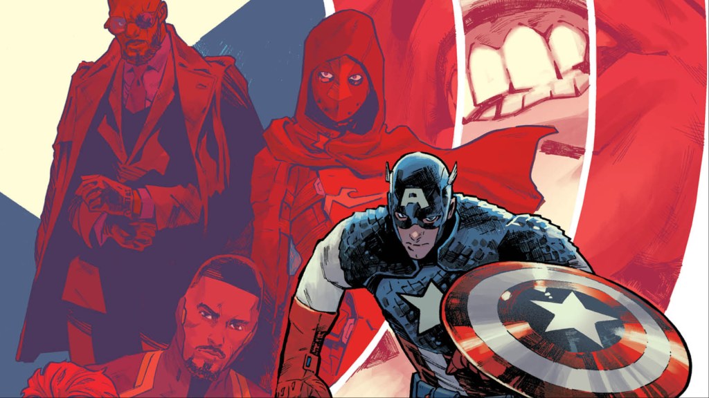 Captain America standing in front of figures in red