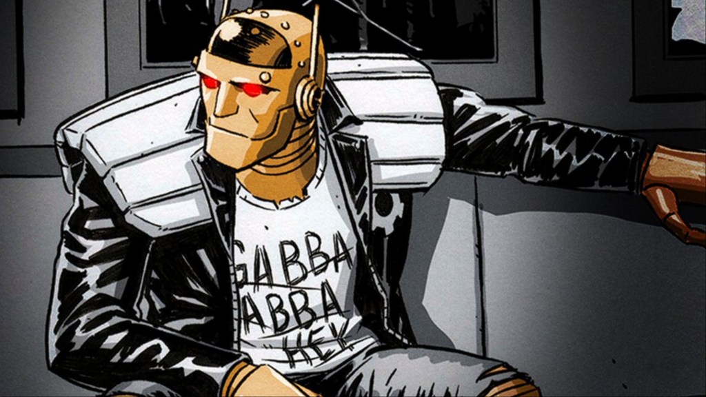 Cliff Steele sitting on a train