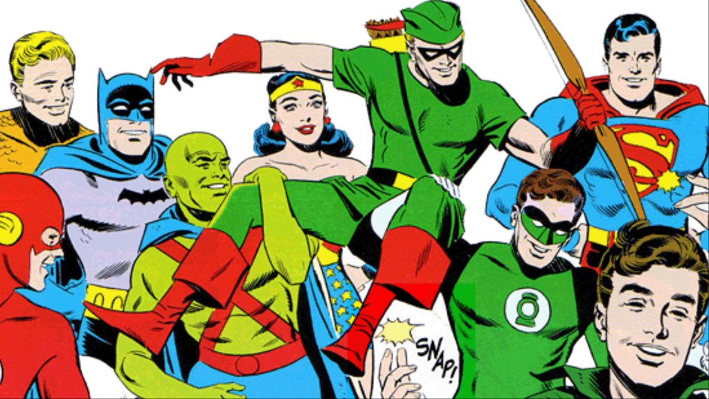The Flash, Aquaman, Batman, Martian Manhunter, Wonder Woman, Green Arrow, Green Lantern, Superman, and Snapper Carr together