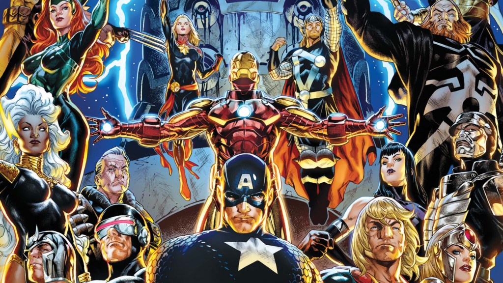 The Avengers, the X-Men, and the Eternals standing with each other