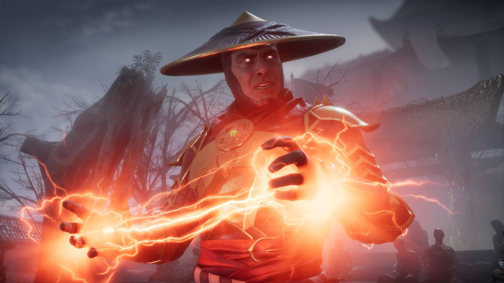 A screenshot from Mortal Kombat II, showing Raiden passing electricity between his hands.