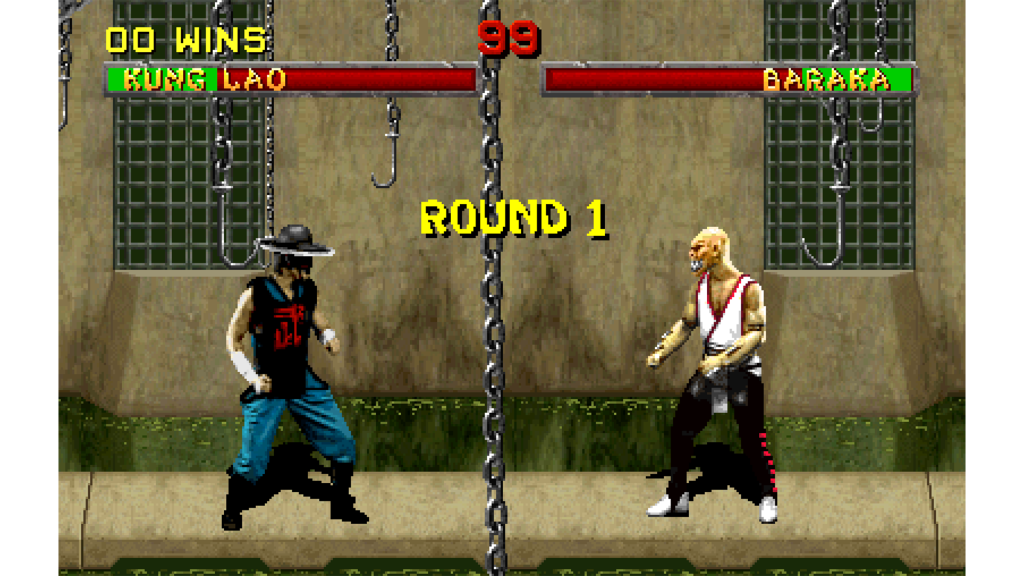 A screenshot from Mortal Kombat II, showing Kung Lao fighting Baraka
