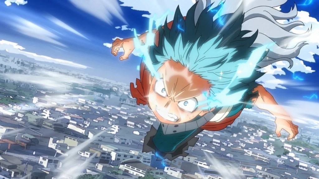 Deku fighting with Eri on his back in My Hero Academia Season 4