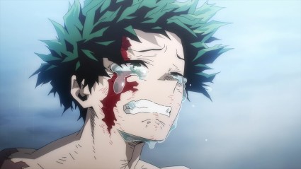 Deku crying while his face is bleeding in My Hero Academia