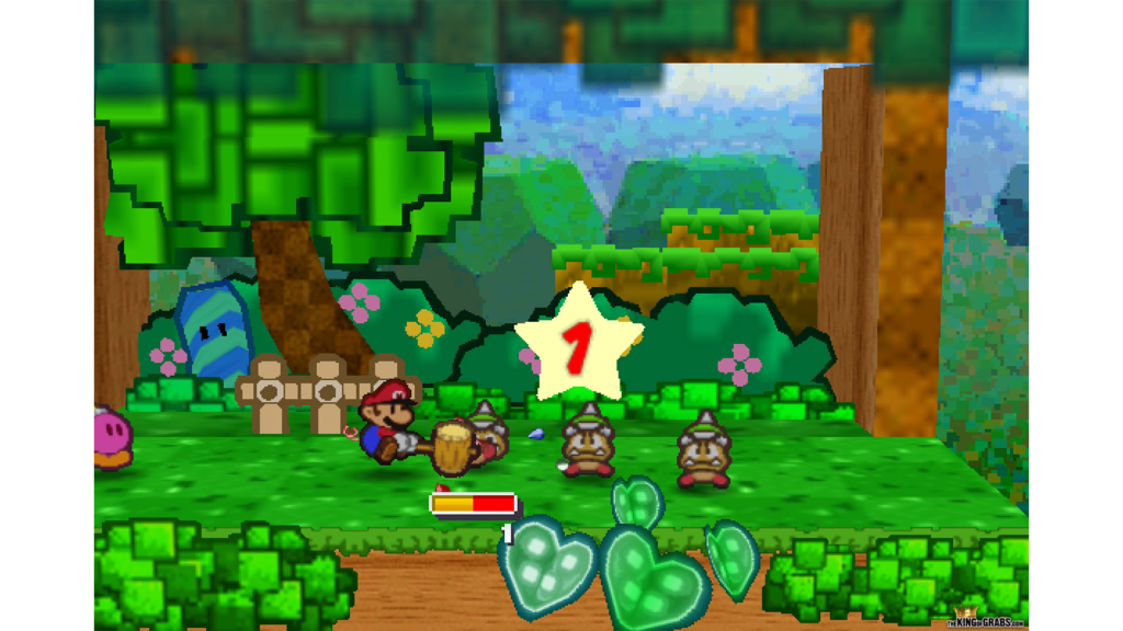 A screenshot from Paper Mario, showing Mario smashing a Goomba with a mallet.