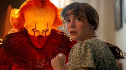 Pennywise (Bill Skarsgård) and Beverly Marsh (Sophia Lillis) in the IT Welcome to Derry Season 1 finale