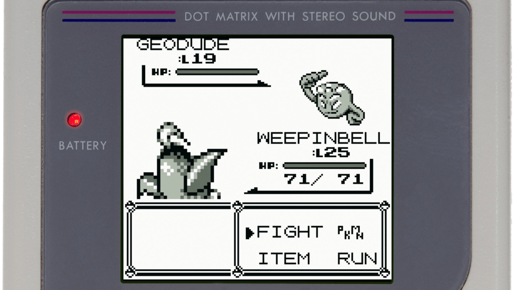 A screenshot from Pokémon Red/Blue/Yellow, showing a battle between a Geodude and a Weepinbell.