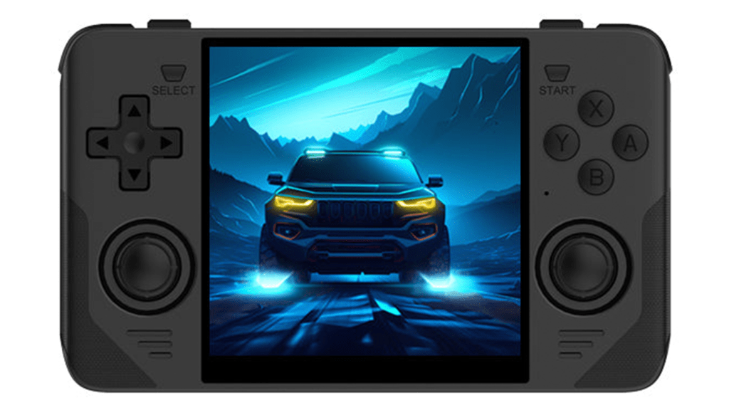 A rendering of the Powkiddy RGB30, showing a car on its screen.