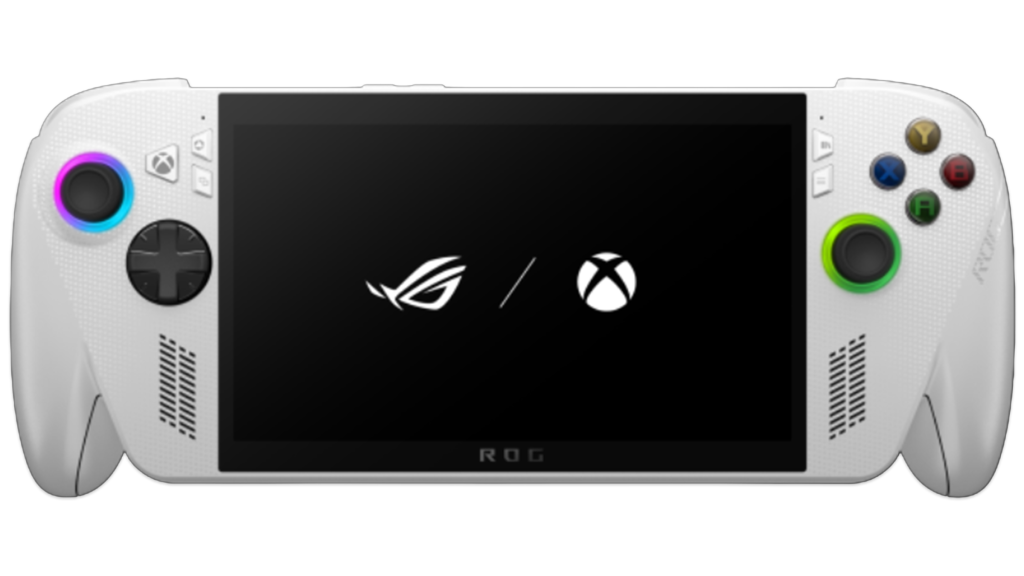 The ROG Abox Ally, showing the logos for the system and the Xbox on its screen.