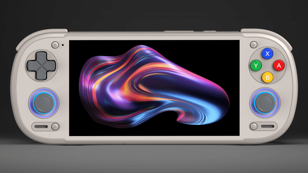 A rendering of the Retroid Pocket 6, showing swirling colors on its screen.