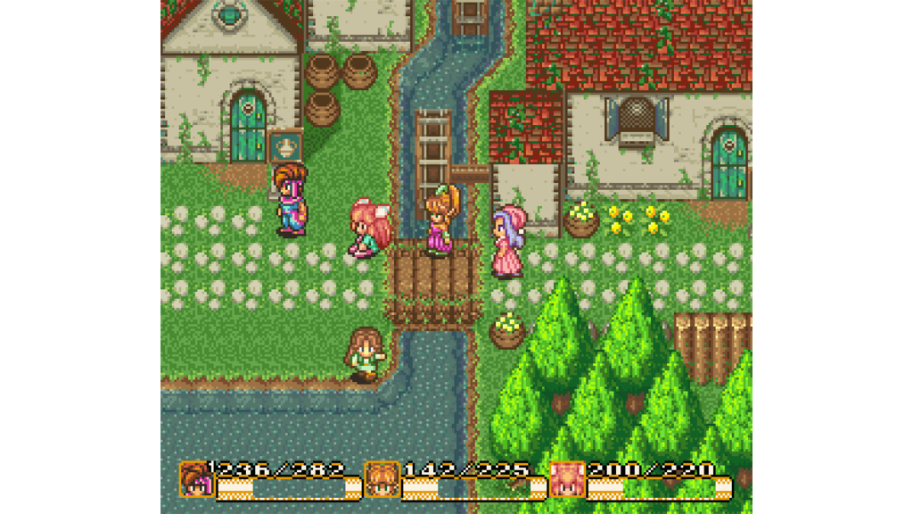 A screenshot from Secret of Mana, showing several characters in a village.
