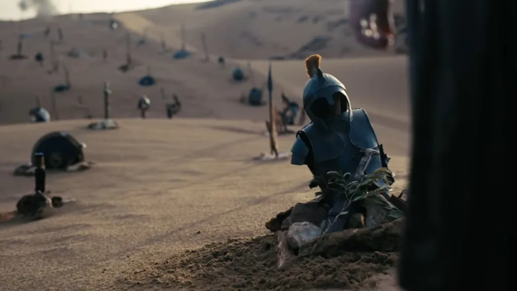 Soldiers armors on the ground in Christopher Nolan's The Odyssey