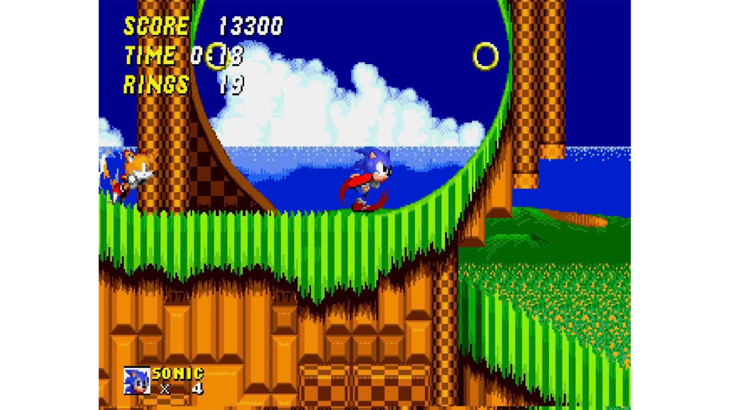 A screenshot from Sonic the Hedgehog 2, showing Sonic and Tails running through a level.