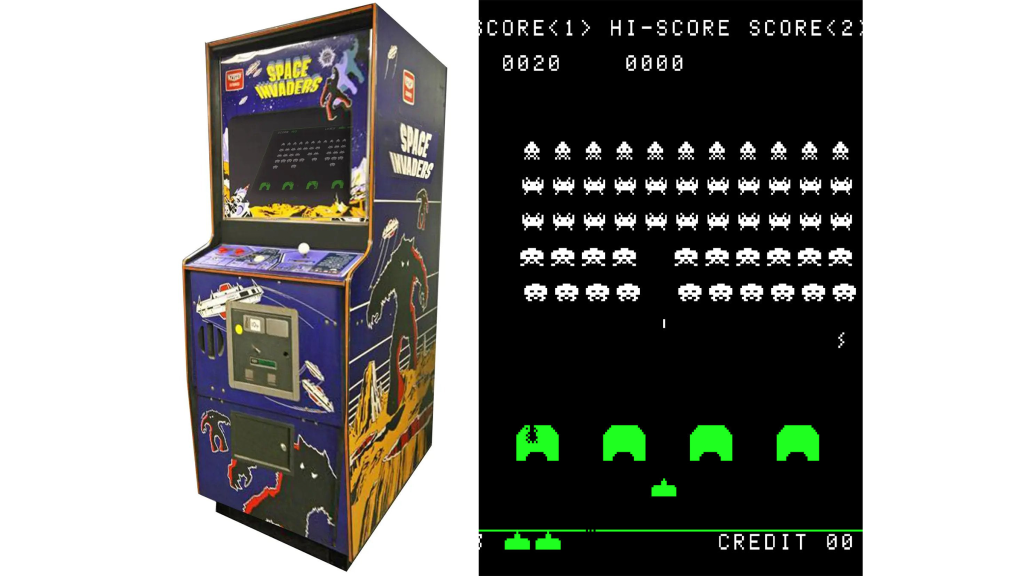 A screenshot from Space Invaders beside the arcade cabinet.