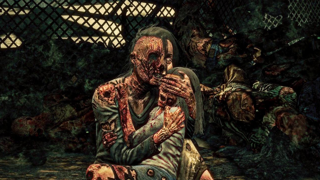 A screenshot from Spec Ops: The Line, showing the aftermath of using white phosphorous on innocent civilians.