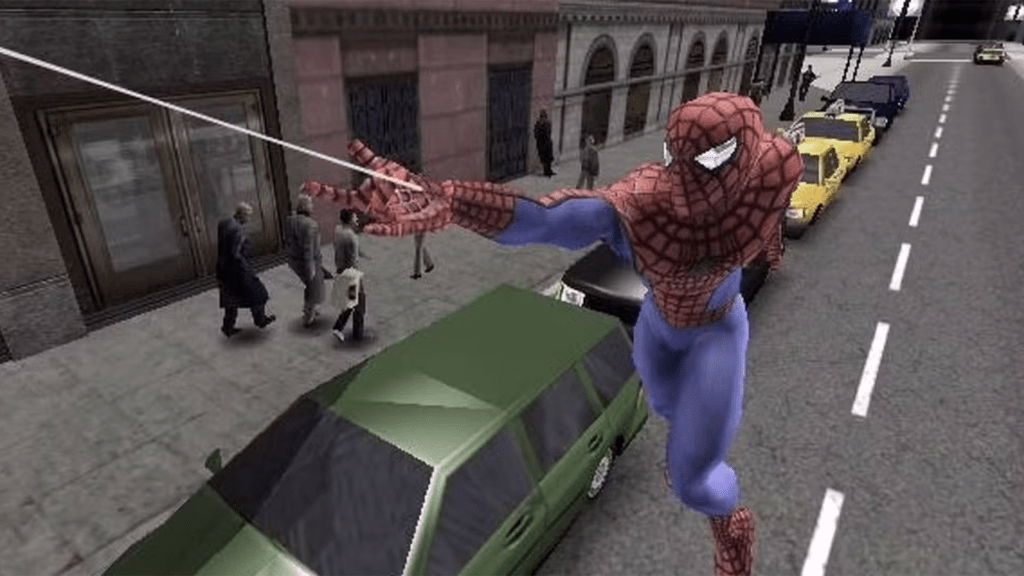 A screenshot from Spider-Man 2 (2004), showing Spider-Man web-slinging from the street.