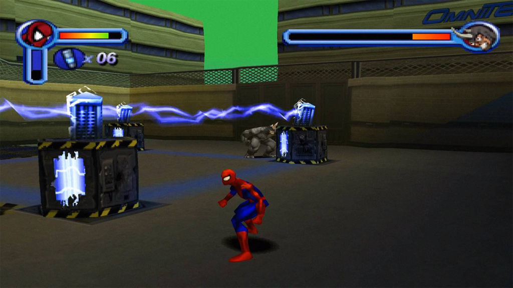 A screenshot from Spider-Man (2000), showing Spider-Man near two electrical devices.