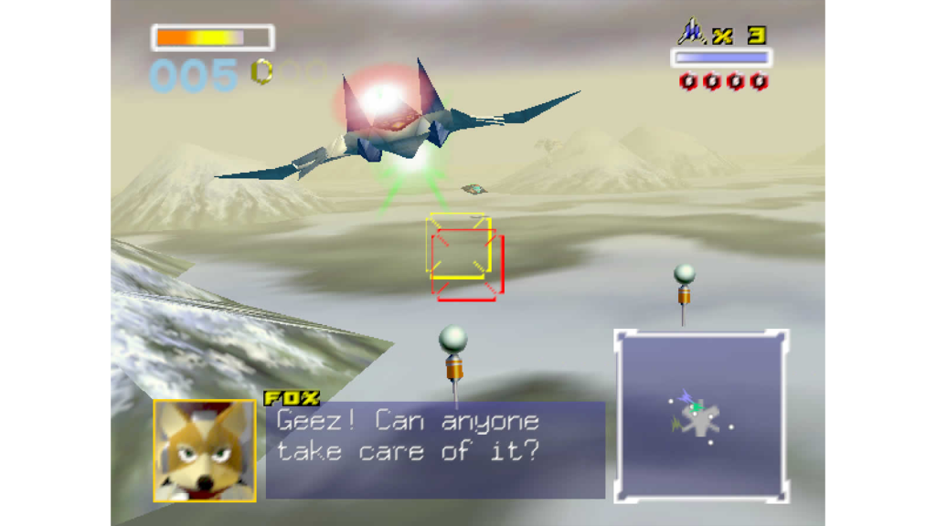 A screenshot from Star Fox 64, showing a player flying through a level.