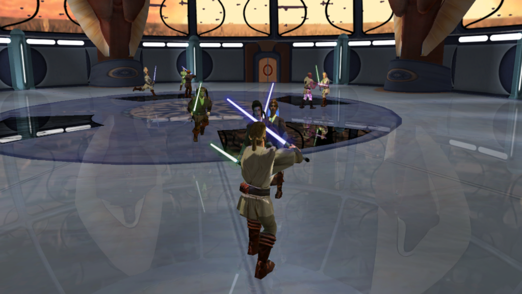 A screenshot from Star Wars: Obi-Wan on the Xbox, showing the title character training with other Jedi