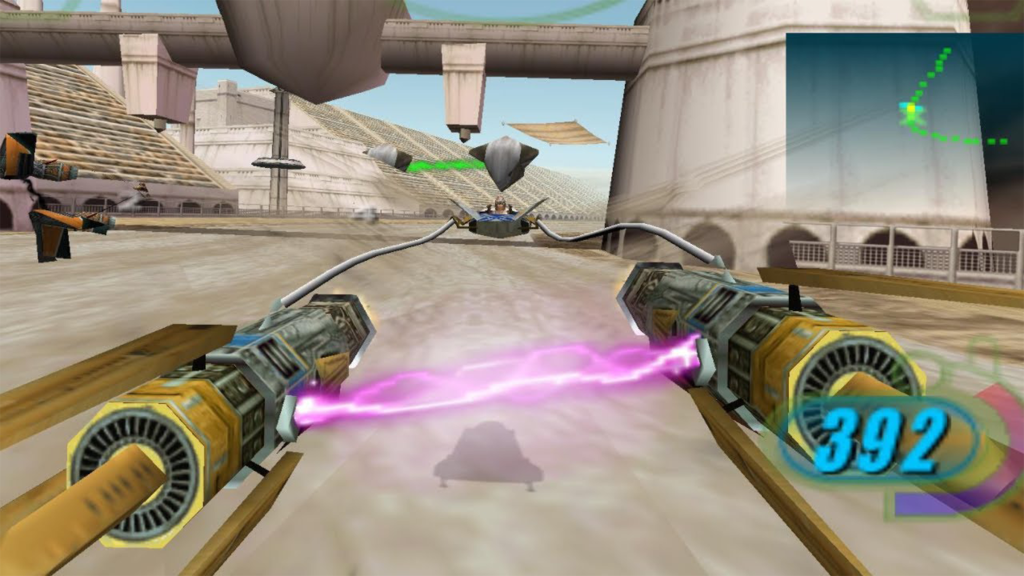 A screenshot from Star Wars Episode I: Racer, showing an ongoing race.