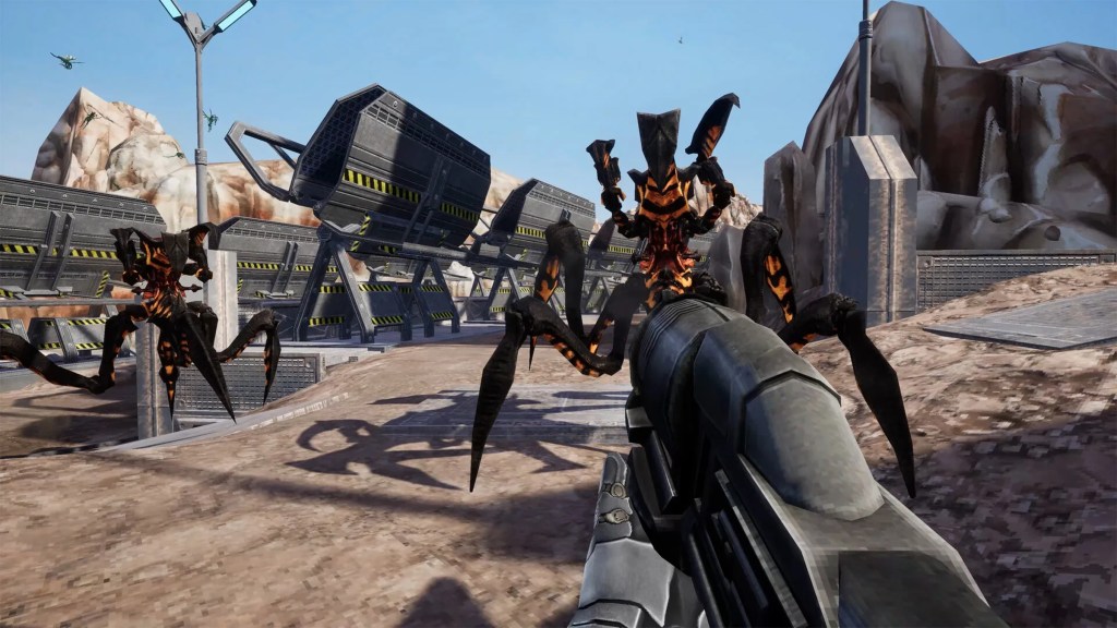 A screenshot from Starship Troopers: Ultimate Bug War!, showing the player engage two Bugs near some structures.