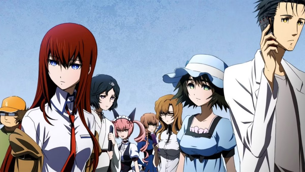 Kurisu Makise and Rintaro Okabe in front of a group in Steins;Gate