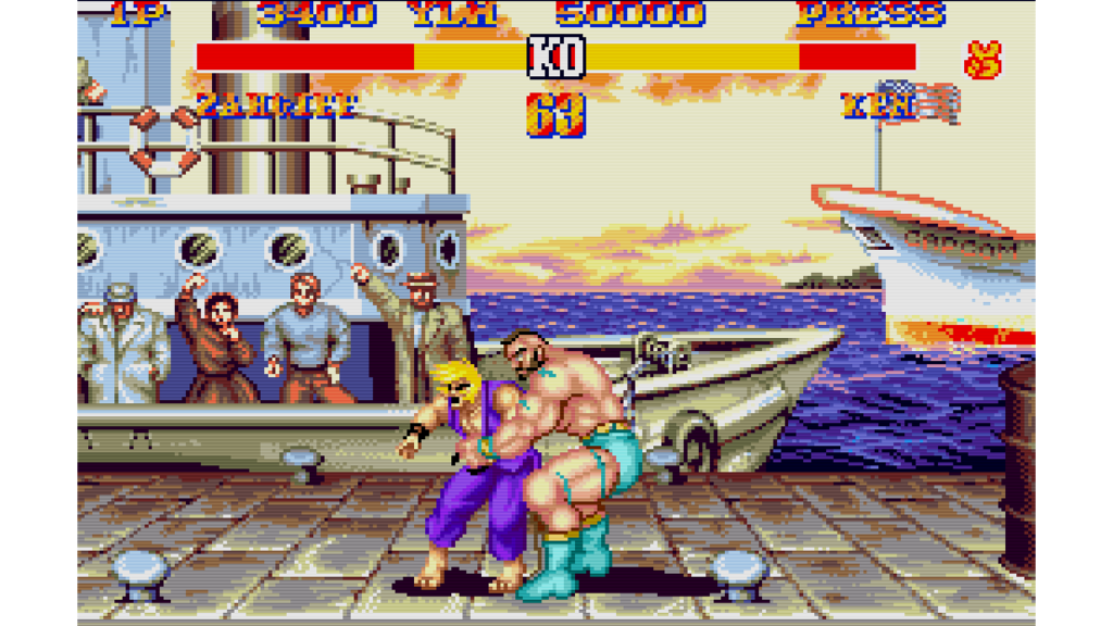 A screenshot from Street Fighter II: Champion Edition, showing a fight between Zangief and Ken.