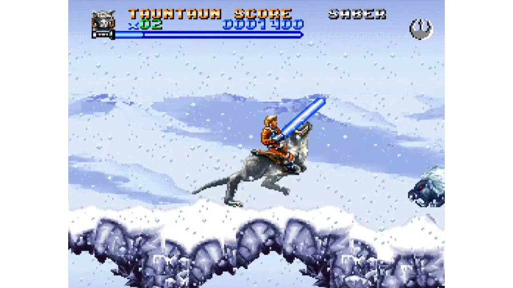 A screenshot from Super Star Wars: The Empire Strikes Back on the Super Nintendo, showing Luke on a Tauntaun.