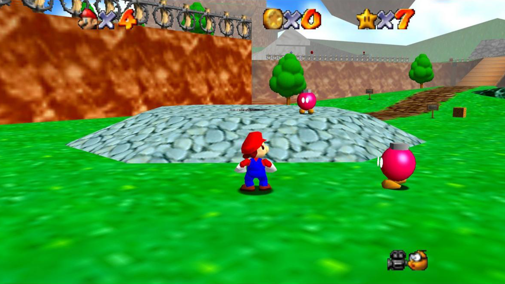 A screenshot from Super Mario 64, showing Mario facing some mobs.