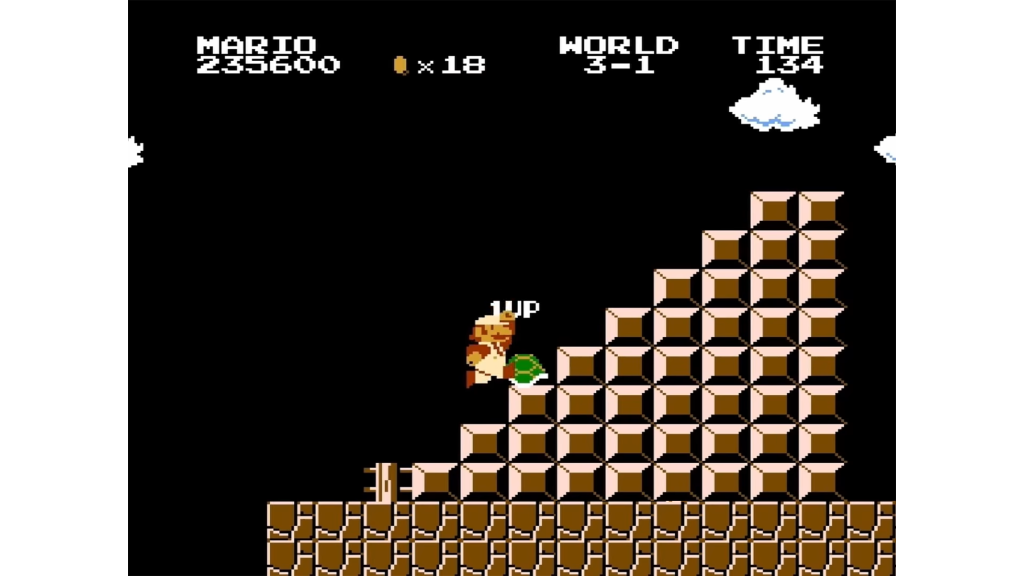 A screenshot from Super Mario Bros., showing Mario Turtle Tipping a Koopa Troopa on a staircase.