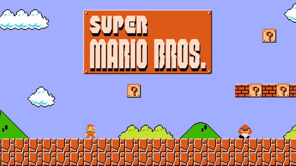 A screenshot from Super Mario Bros., showing the intro screen with the logo.