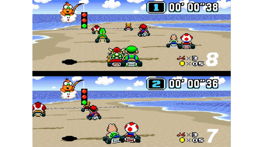 A screenshot from Super Mario Kart, showing two players in a split-screen race.