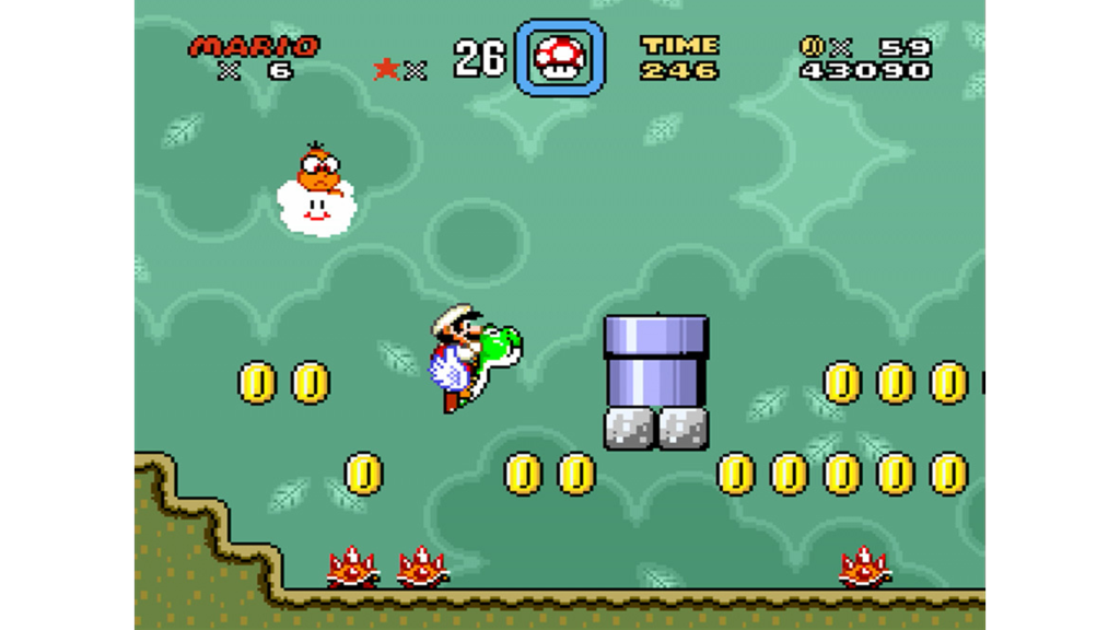 A screenshot from Super Mario World, showing Mario atop Yoshi running through a level.