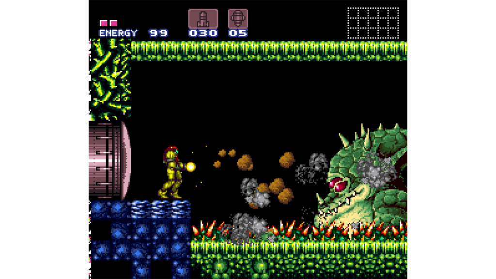 A screenshot from Super Metroid, showing Samus fighting a boss.