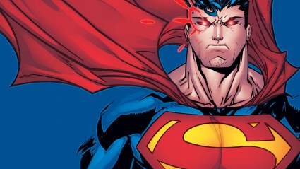 Superman with Glowing Eyes on Blue Background