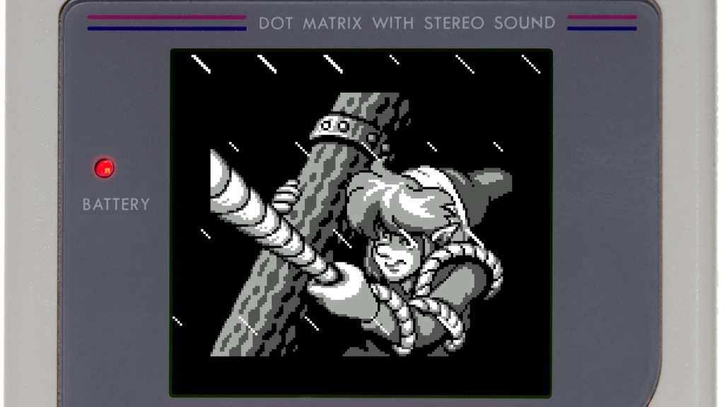 A screenshot from The Legend of Zelda: Link’s Awakening, showing a cutscene with Link holding onto a rope in the rain.