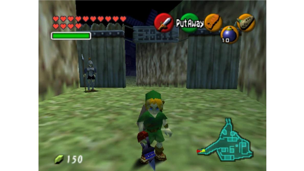 A screenshot from The Legend of Zelda: Ocarina of Time, showing Link.