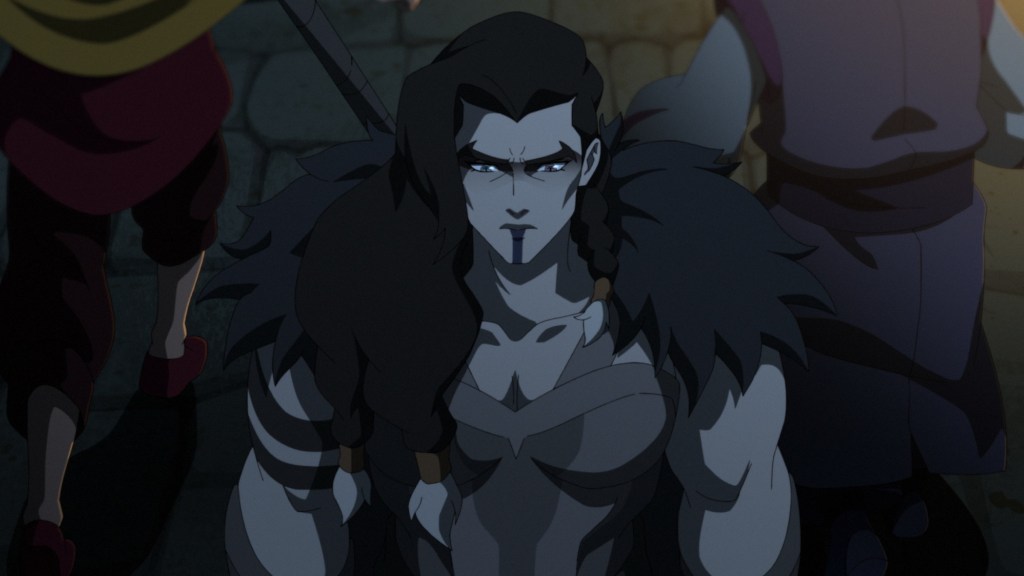 Yasha kneeling and looking down in The Mighty Nein