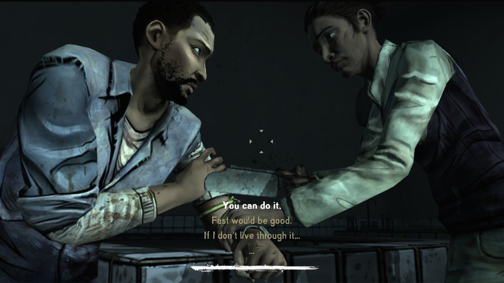 A screenshot from The Walking Dead, showing an amputation scene.