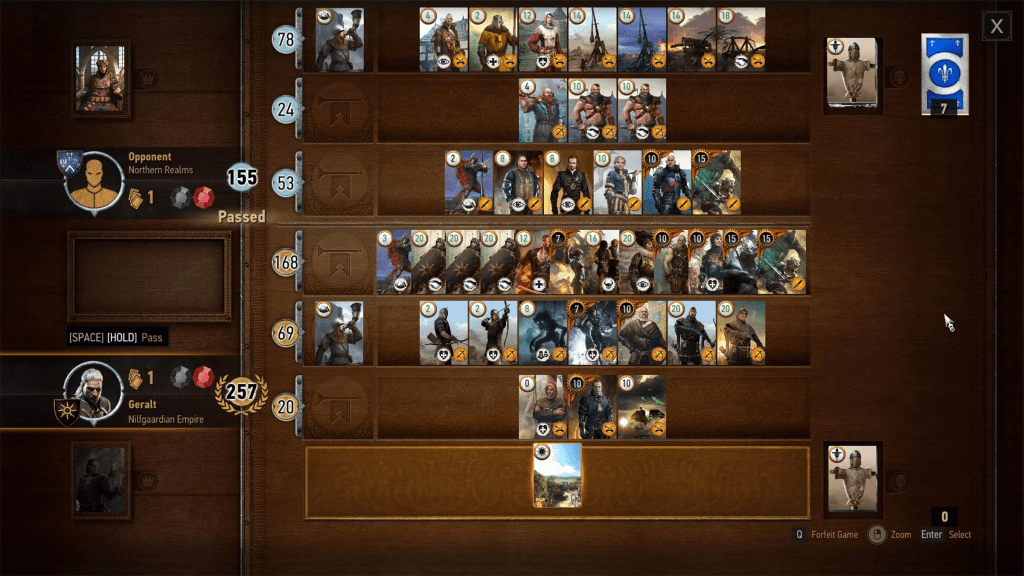 A screenshot from The Witcher 3: Wild Hunt, showing a game of Gwent.