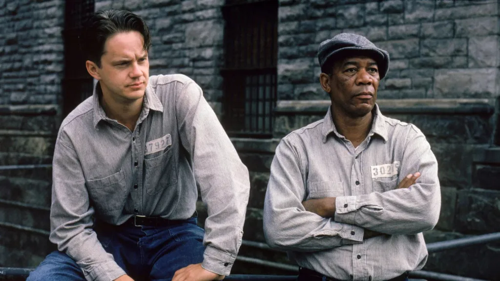 Tim Robbins as Andy Dufresne and Morgan Freeman as Ellis Boyd Red Redding in The Shawshank Redemption