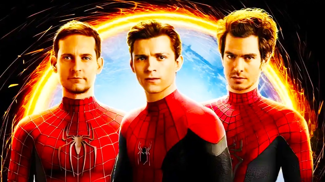 Tobey Maguire, Andrew Garfield, and Tom Holland as three Spider-People in Spider-Man No Way Home
