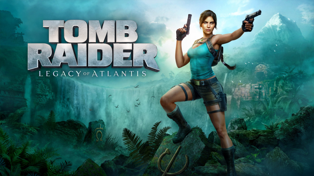 Promotional art for Tomb Raider: Legacy of Atlantis, showing Lara Croft wielding pistols.