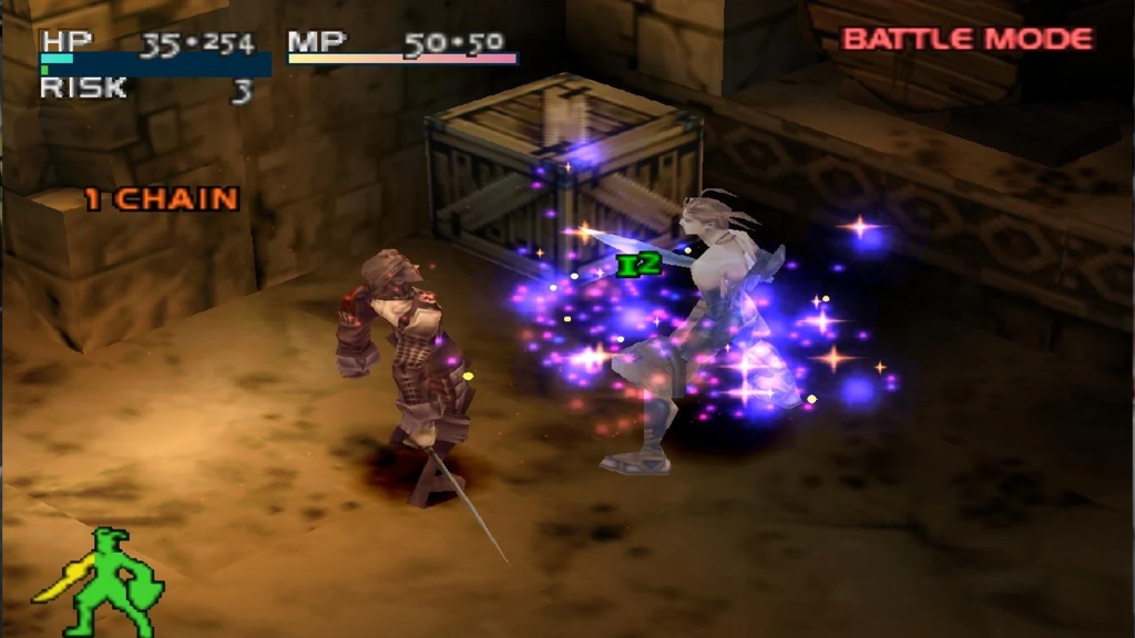 A screenshot from Vagrant Story, showing the player fighting an enemy.