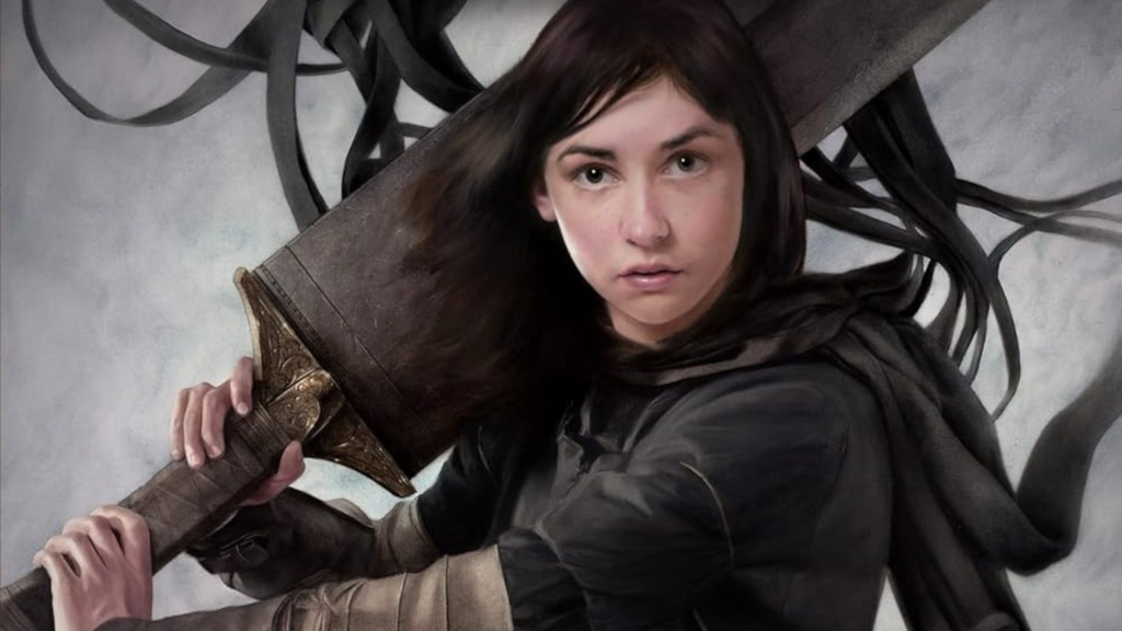 Vin sosteniendo una espada gigante en la portada de El Pozo de la Ascensión