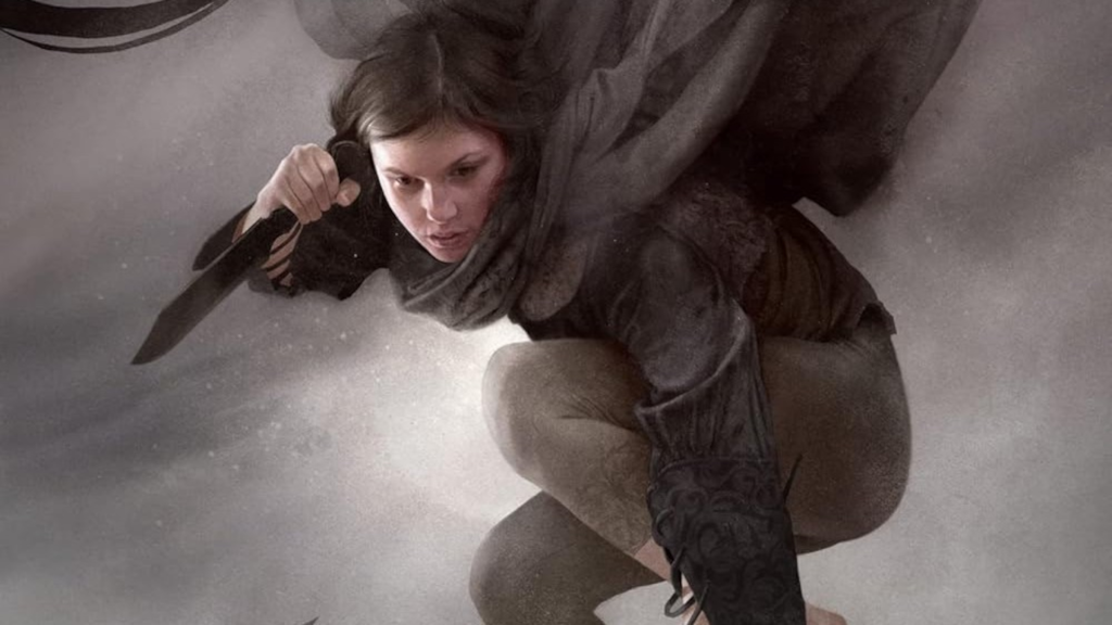 Vin sosteniendo un cuchillo en la portada de Mistborn: The Final Empire