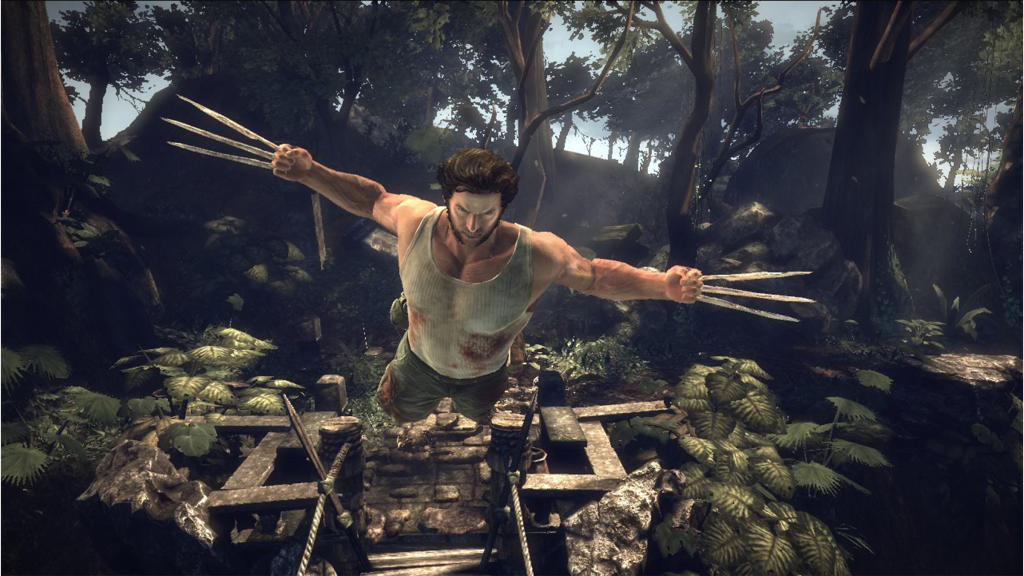 A screenshot from X-Men Origins: Wolverine, showing Wolverine diving towards the camera with his claws popped.