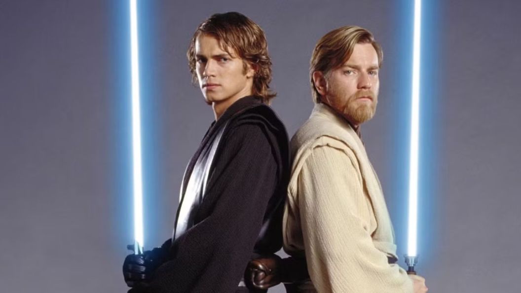 Obi-Wan and Anakin standing back to back.