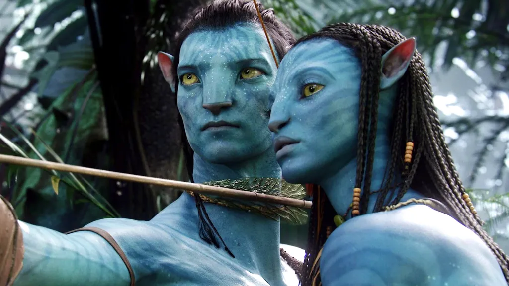 Jake and Neytiri aiming a bow in Avatar